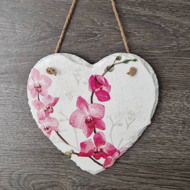 Decoupage Orchid Slate Heart Wall Hanging - Pink Floral Decor - image 1