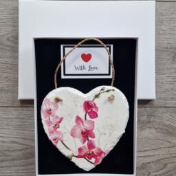 Decoupage Orchid Slate Heart Wall Hanging - Pink Floral Decor - thumbnail 3