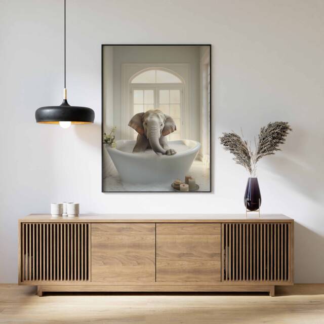 Elephant in Tub Wall Art, Bathroom Art Print, Funny Bathing, Animal Bathtub - image 1