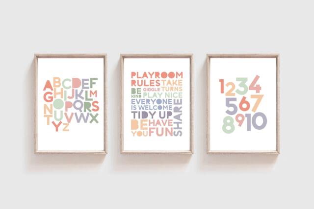 3 Playroom Prints, Alphabet & Numbers Wall Art, Rules, Girls Nursery Boys Decor - image 1