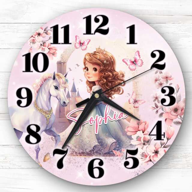 Girls Princess Castle White Horse Personalised Gift For Kid's Bedroom Clock - Kids Clock, Children's , Custom Wall - image 1