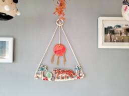 The Sun Tiger & His Jungle - Ceramic Handmade Wall Hanging Art, Wall D??cor. Home Decor, Nursery. Animal. Pottery Gift. Gold Details