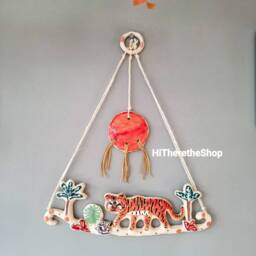 The Sun Tiger & His Jungle - Ceramic Handmade Wall Hanging Art, Wall D??cor. Home Decor, Nursery. Animal. Pottery Gift. Gold Details - thumbnail 2