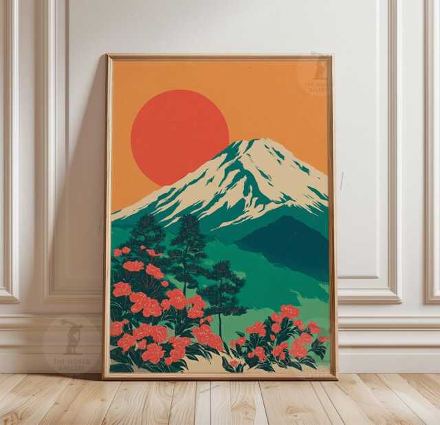 Red Sun Landscape Wall Art - Orange & Green Mountain Poster Japanese Style Nature - image 1