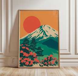 Red Sun Landscape Wall Art - Orange & Green Mountain Poster Japanese Style Nature - thumbnail 1