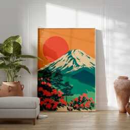 Red Sun Landscape Wall Art - Orange & Green Mountain Poster Japanese Style Nature - thumbnail 3