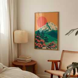 Red Sun Landscape Wall Art - Orange & Green Mountain Poster Japanese Style Nature - thumbnail 2