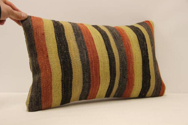Vintage Turkish Kilim Pillow Cover, Wool Lumbar Cushion - 12x20 In - image 1