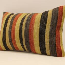 Vintage Turkish Kilim Pillow Cover, Wool Lumbar Cushion - 12x20 In - thumbnail 3