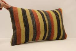 Vintage Turkish Kilim Pillow Cover, Wool Lumbar Cushion - 12x20 In - thumbnail 1