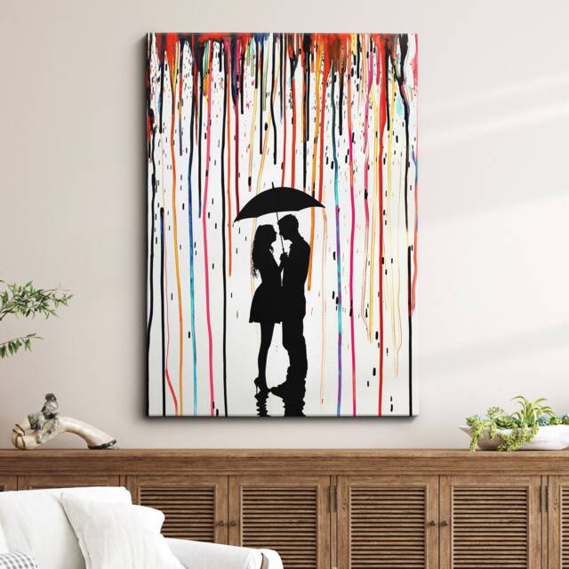Couple Umbrella Colourful Rain Street Art Painting Framed Poster Print & Canvas Wall Decor Home Bedroom Banksy Gift - image 1