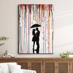 Couple Umbrella Colourful Rain Street Art Painting Framed Poster Print & Canvas Wall Decor Home Bedroom Banksy Gift - thumbnail 1