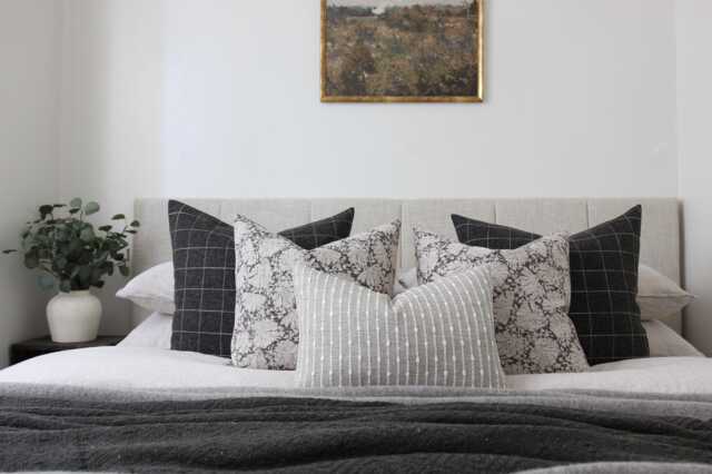 Neutral Bedroom Pillow Set, Dark Gray Floral & Plaid Cushion Covers, Combo, Organic Window Pane Pillows For Bed -- Dara - image 1