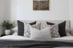 Neutral Bedroom Pillow Set, Dark Gray Floral & Plaid Cushion Covers, Combo, Organic Window Pane Pillows For Bed -- Dara - thumbnail 1