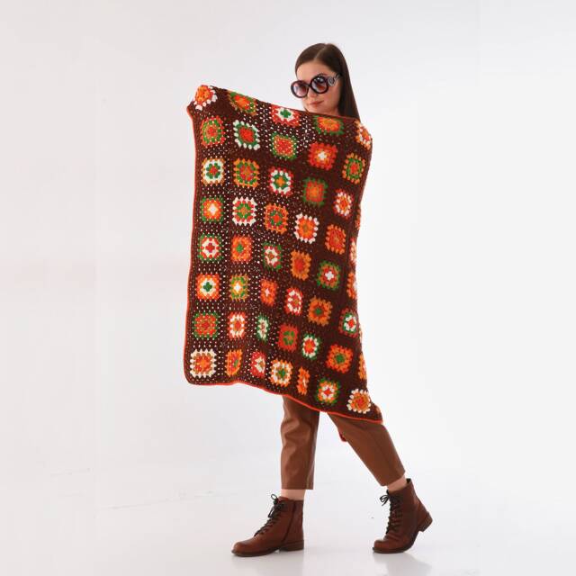 Brown Green Granny Square Blanket, Crocheted Brick Colors Afghan Throw - image 1