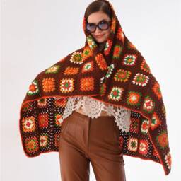 Brown Green Granny Square Blanket, Crocheted Brick Colors Afghan Throw - thumbnail 2