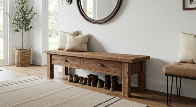Handcrafted Entryway Bench With Drawer, Rustic Reclaimed Wood Bench, Farmhouse Hallway Seating Narrow Side Table, Wooden Foyer - image 1