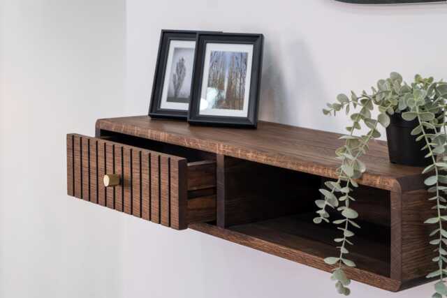 Floating Console Table With One Fluted Drawer & Open Shelf in Solid Oak - Entryway - image 1