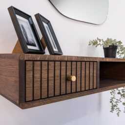 Floating Console Table With One Fluted Drawer & Open Shelf in Solid Oak - Entryway - thumbnail 2