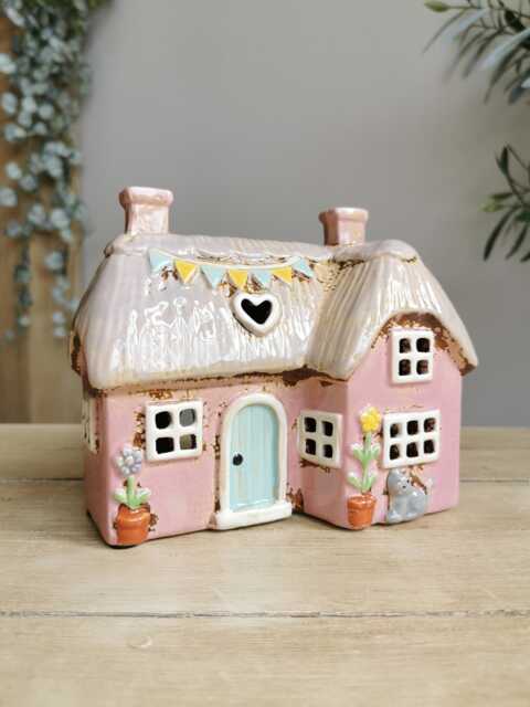 L Shaped Pink Thatched Cottage Ceramic House Tea Light Holder - image 1