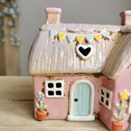 L Shaped Pink Thatched Cottage Ceramic House Tea Light Holder - thumbnail 2