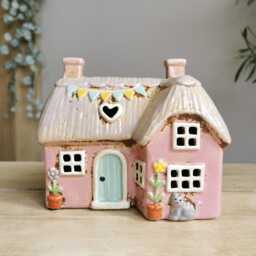 L Shaped Pink Thatched Cottage Ceramic House Tea Light Holder - thumbnail 3