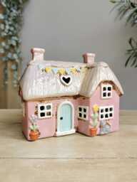 L Shaped Pink Thatched Cottage Ceramic House Tea Light Holder - thumbnail 1