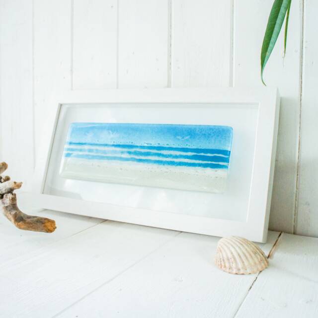 "Landscape Beach Fused Glass Frame - Handmade Wall Art By Glass Artist Matt Adkins in Dorset, UK 34cmx18cm - 13 3/8""x7" - image 1