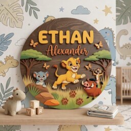 Personalized Lion King Nursery Name Sign, Simba & Friends Wooden Wall Decor, Custom Kids Bedroom Plaque, Safari Animal Room Sign - thumbnail 4