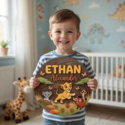 Personalized Lion King Nursery Name Sign, Simba & Friends Wooden Wall Decor, Custom Kids Bedroom Plaque, Safari Animal Room Sign - thumbnail 1