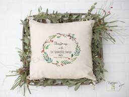 Family Christmas Cushion, Family Name Festive Home Decor, Personalised Wreath, Decoration - thumbnail 1