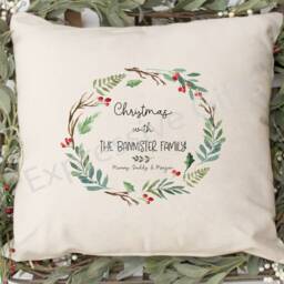 Family Christmas Cushion, Family Name Festive Home Decor, Personalised Wreath, Decoration - thumbnail 2