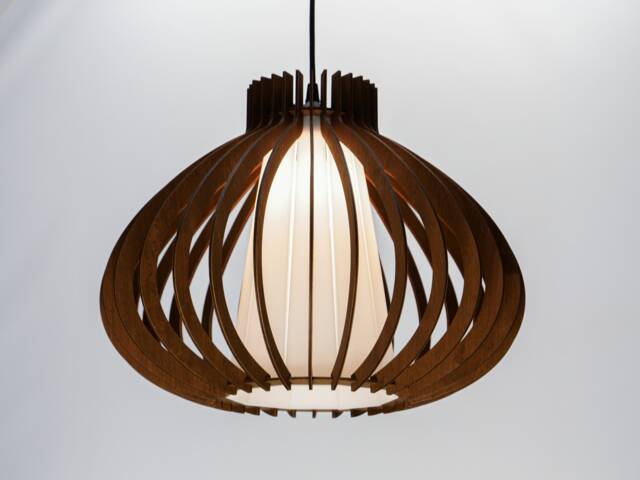 Plywood Chandelier Brown Pear Glass Lampshade, Scandinavian Pendant - image 1