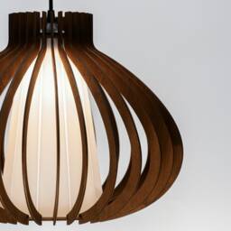 Plywood Chandelier Brown Pear Glass Lampshade, Scandinavian Pendant - thumbnail 3