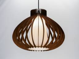 Plywood Chandelier Brown Pear Glass Lampshade, Scandinavian Pendant - thumbnail 1