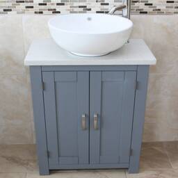 Bathroom Vanity Unit - Grey Slimline Cabinet White Quartz Worktop 310Gwqcbc - thumbnail 2