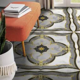 Artdeco Gold Imitation Marble Tile Vinyl Flooring, White Retro Floor Art, Black Gift For Her, Luxury Bedroom Inspirations, Protector - thumbnail 2