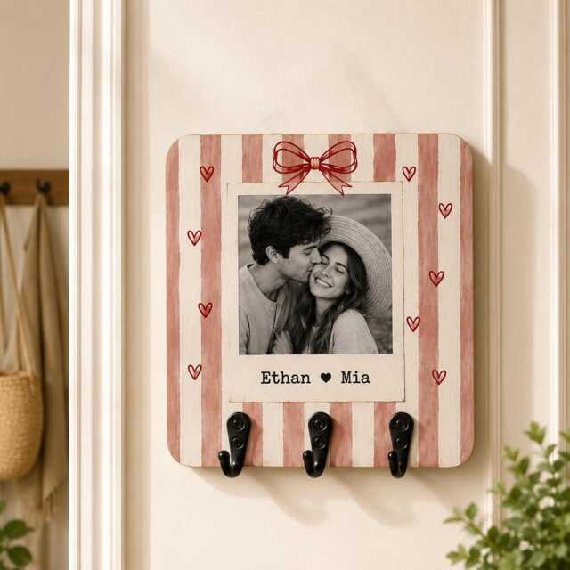 Personalized Couple Photo Striped Key Holder, Custom Booth Wooden Wall Hook, Gift For Couple, Anniversary - image 1