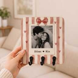Personalized Couple Photo Striped Key Holder, Custom Booth Wooden Wall Hook, Gift For Couple, Anniversary - thumbnail 2