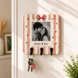 Personalized Couple Photo Striped Key Holder, Custom Booth Wooden Wall Hook, Gift For Couple, Anniversary - thumbnail 3