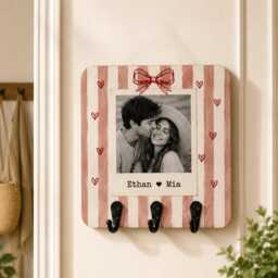 Personalized Couple Photo Striped Key Holder, Custom Booth Wooden Wall Hook, Gift For Couple, Anniversary