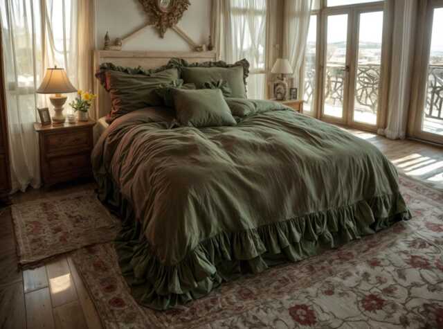 Khaki Double Ruffles Soft Linen Bedding Set King Queen Duvet Cover 2 Pillowcases Two Comforter With Zipper - image 1