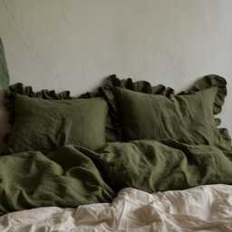 Khaki Double Ruffles Soft Linen Bedding Set King Queen Duvet Cover 2 Pillowcases Two Comforter With Zipper - thumbnail 3