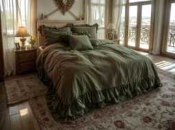 Khaki Double Ruffles Soft Linen Bedding Set King Queen Duvet Cover 2 Pillowcases Two Comforter With Zipper - thumbnail 1