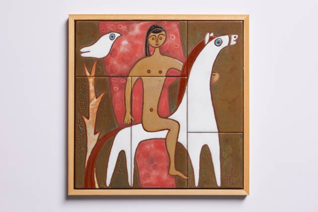 Horse Rider Wall Art Tile Handmade Contemporary Ceramic Equestrian Gifts Horseman Home White Pony Racing Pottery - image 1