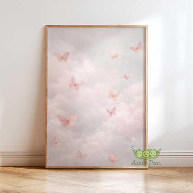 Pink Butterfly Cloud Wall Art, Dreamy Pastel Sky Print, Blush Artwork, Feminine Minimal Decor, Calm Nursery Bedroom Art - image 1