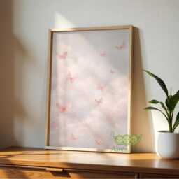 Pink Butterfly Cloud Wall Art, Dreamy Pastel Sky Print, Blush Artwork, Feminine Minimal Decor, Calm Nursery Bedroom Art - thumbnail 3