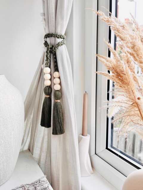Macram?? Cotton Tassel Curtain Tieback - Wooden Bead Braided Holdback Boho Home D??cor Custom Colours - image 1