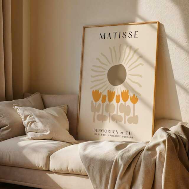 Cream Matisse Wall Art - Sun & Tulips Print - Beige Abstract Floral Poster Neutral For Modern Home Decor - image 1