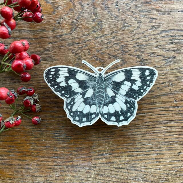 Marbled White Spring Butterfly Wooden Decoration Hand-Illustrated Birch Ornament - image 1